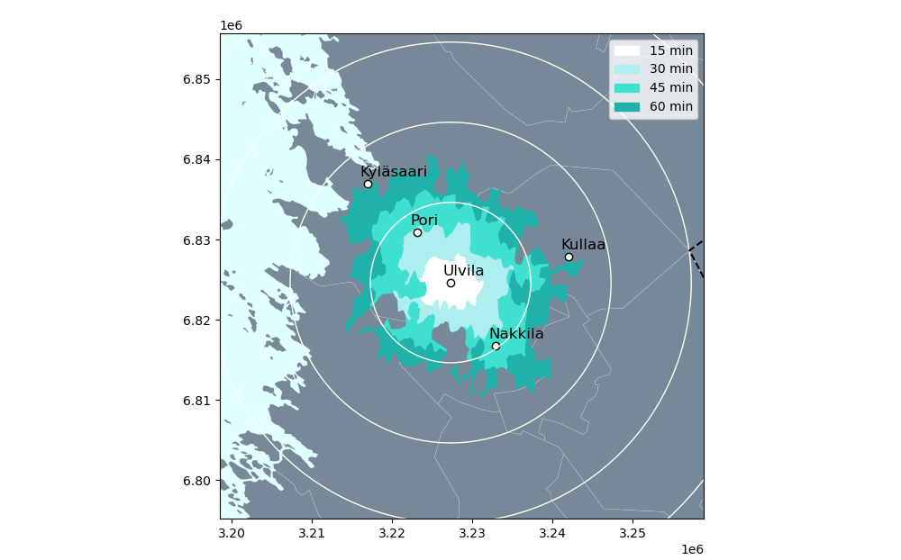 Isokroni-karttakuva, Ulvilan kaupunki keskipisteenä.