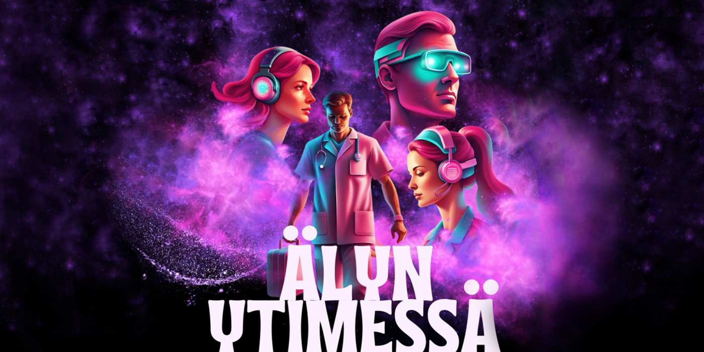 Tekoälyn luoma kuva, jossa lilaa sumua ja neljä piirrettyä ihmishahmoa.