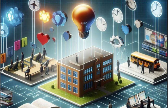 CoPilot created apicture, that has a an apartment building and other smaller buildings from which icons such as a light bulb, a heart, a clock and an aeroplane rise.