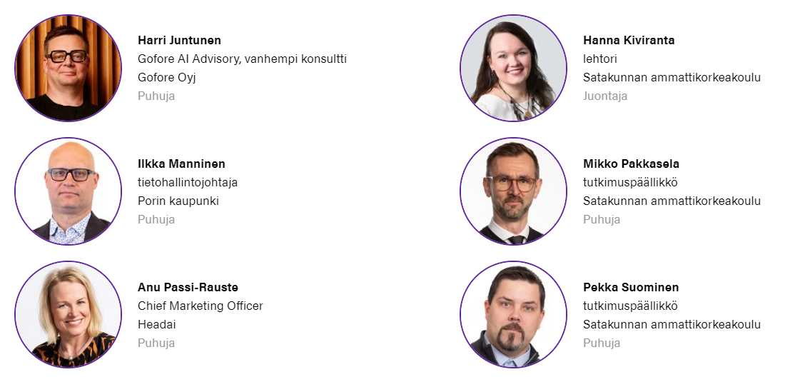 Kuva on näyttökuva SuomiAreenan tekoälykkäät ratkaisut -keskustelutilaisuuden puhujista. Kuvassa on pienet potrettikuvat henkilöistä, ja heidän nimensä ja tittelinsä kirjoitettuna auki. 
