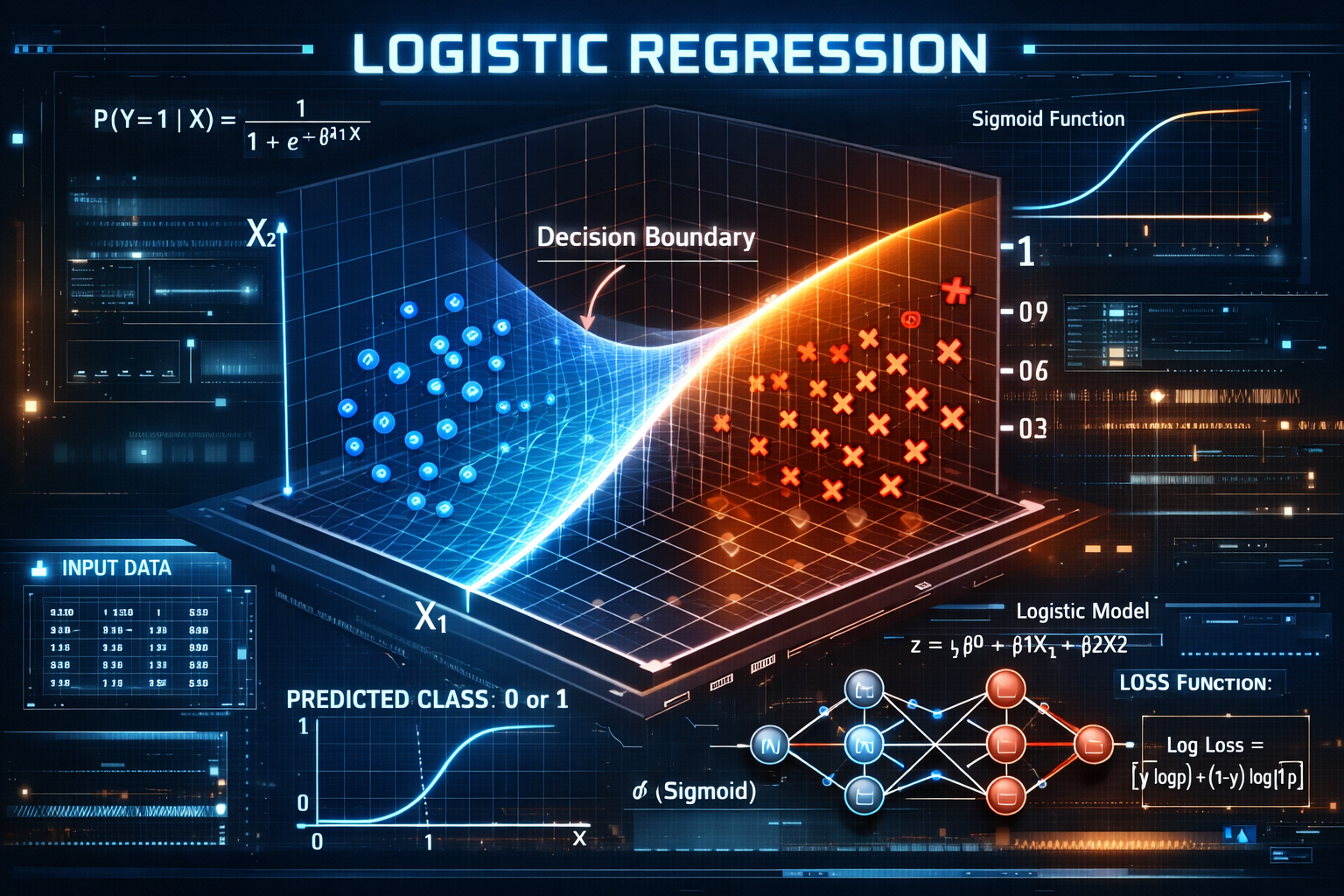 A 3D visualization of a logistic regression model showing two data classes separated by a curved decision boundary, with supporting diagrams of the sigmoid function and model equations.