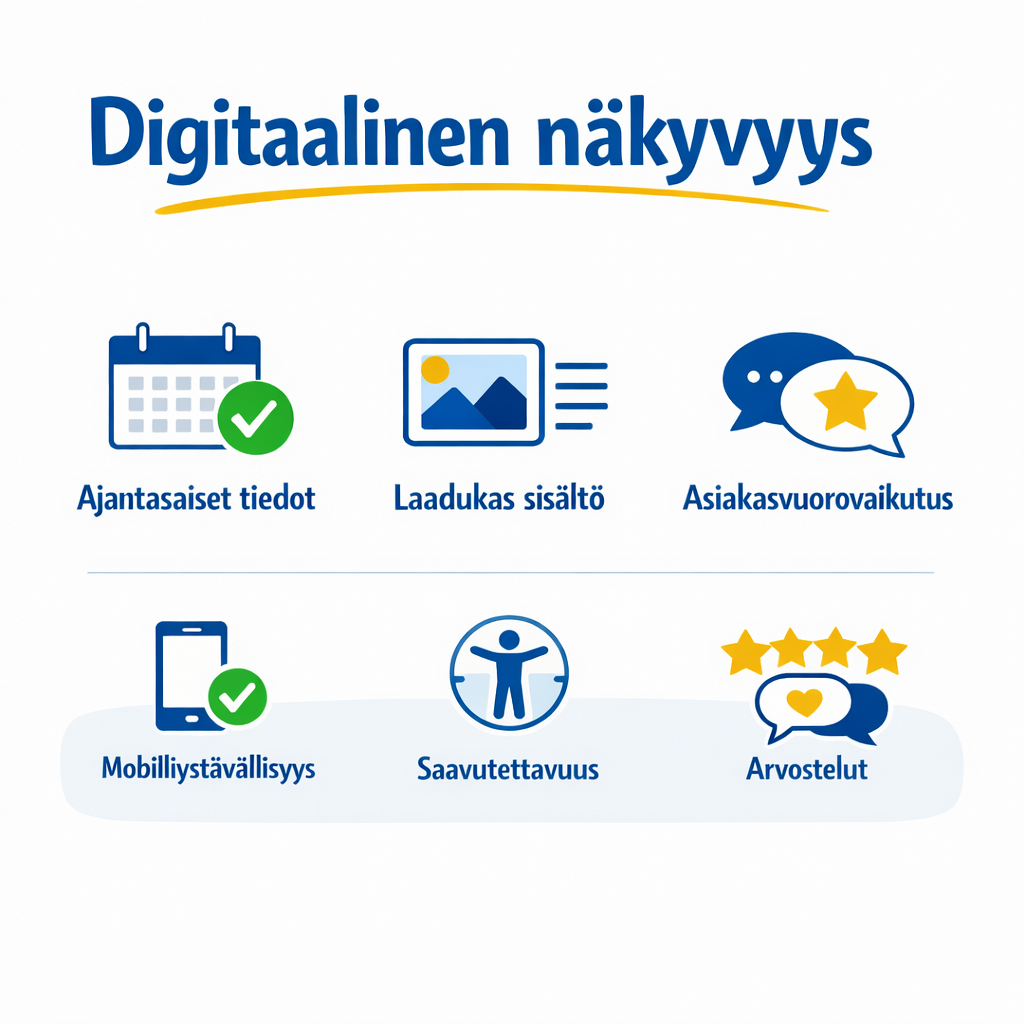 Digitaalinen näkyvyys -kuva, jossa korostetaan ajantasaisia tietoja, laadukasta sisältöä, asiakasvuorovaikutusta, mobiiliystävällisyyttä, saavutettavuutta ja arvosteluja.