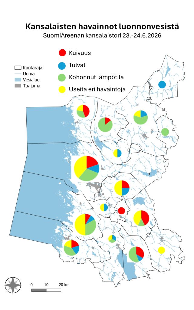 Kartta kansalaisten luontovesihavainnoista Satakunnassa SuomiAreena 2026 -tapahtumassa.