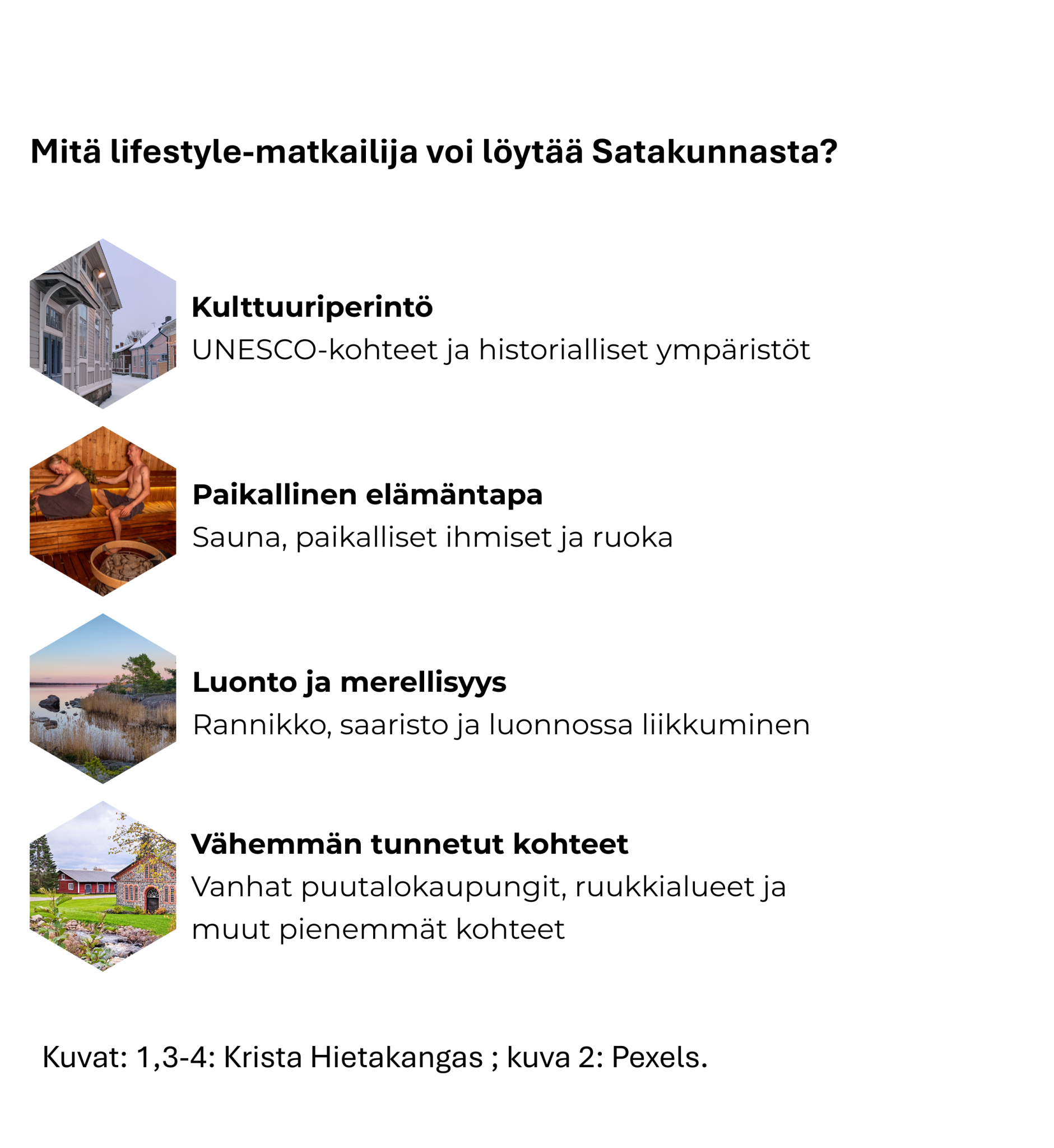 Lifestyle-matkailijan kiinnostuksenkohteet Satakunnassa: kulttuuriperintö, paikallinen elämäntapa, luonto ja vähemmän tunnetut kohteet.