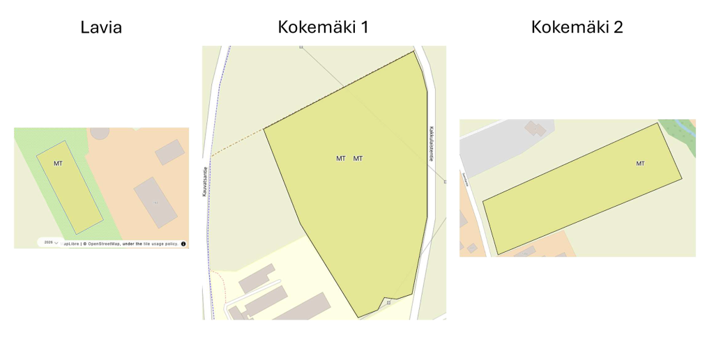 Karttarajaukset Lavian sekä Kokemäki 1:n ja Kokemäki 2:n pilottialueista.