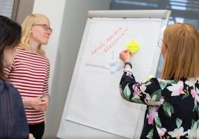 Kolme henkilöä työpajassa fläppitaulun äärellä. Yksi kiinnittää keltaista muistilappua tauluun, jossa on käsin kirjoitettu tekstiä, kuten “Näytön perusvaatimukset”, “Opetussuunnitelma” ja “Viestintä”. Muut seuraavat vierestä keskustelua.