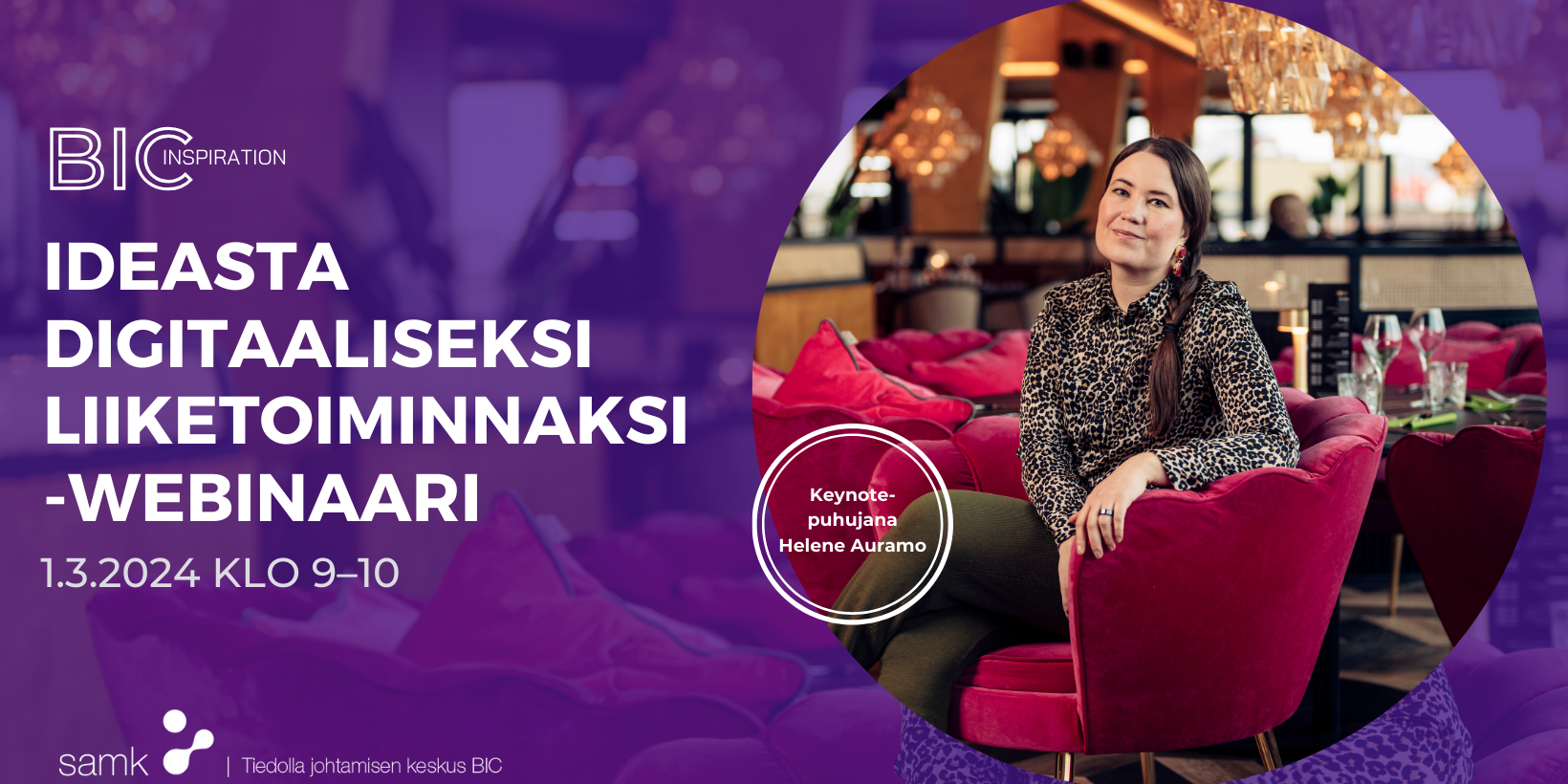 BIC Inspiration -tapahtuman mainoskuva. Mainoksessa kuva Helene Auramosta istumassa tuolilla.
