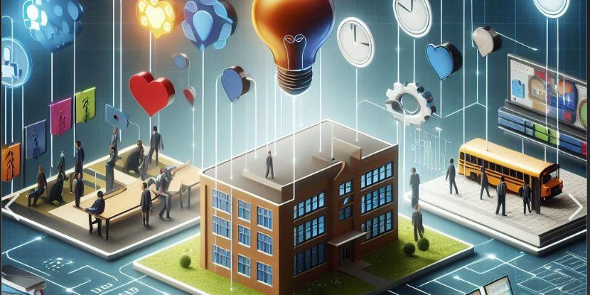 CoPilot created apicture, that has a an apartment building and other smaller buildings from which icons such as a light bulb, a heart, a clock and an aeroplane rise.