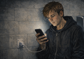 Henkilö istuu seinän vieressä ja katsoo puhelinta latauksessa.