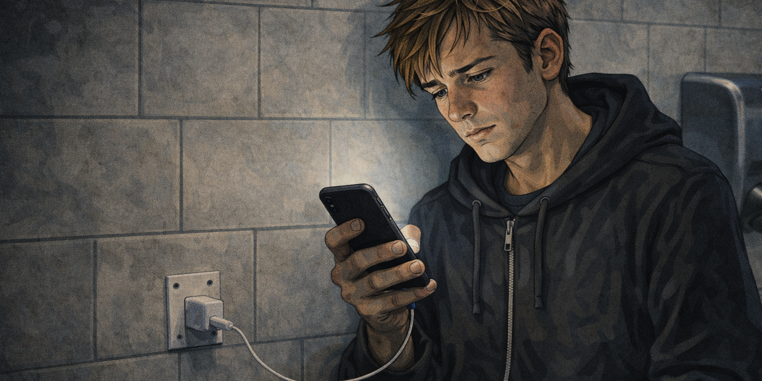 Henkilö istuu seinän vieressä ja katsoo puhelinta latauksessa.