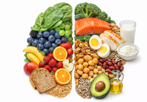 Kuvituskuva terveellisestä ruokavaliosta: aivojen muotoon koottuja kasviksia, hedelmiä, täysjyväviljaa, kalaa, kananmunaa, palkokasveja, pähkinöitä ja kasviöljyä.