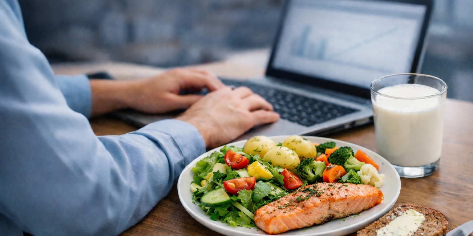 Lautasellinen ruokaa, jossa on lohta, perunoita ja salaattia, tietokoneen ääressä työpöydällä. Vieressä lasi maitoa ja voideltu leipä.