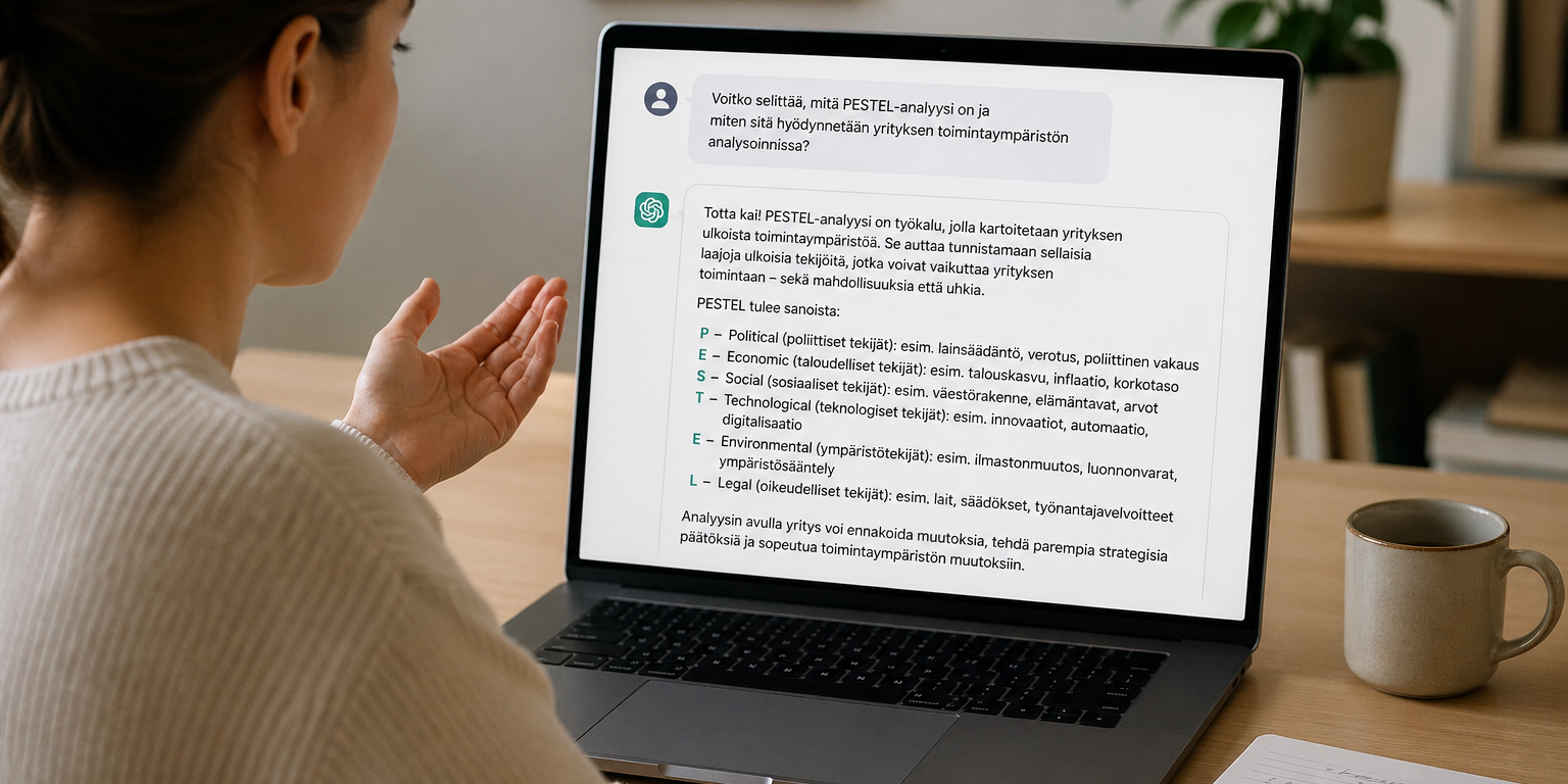 Henkilö käyttää kannettavaa tietokonetta ja keskustelee tekoälyn kanssa PESTEL-analyysistä työpöydän ääressä.