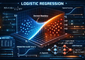 A 3D visualization of a logistic regression model showing two data classes separated by a curved decision boundary, with supporting diagrams of the sigmoid function and model equations.