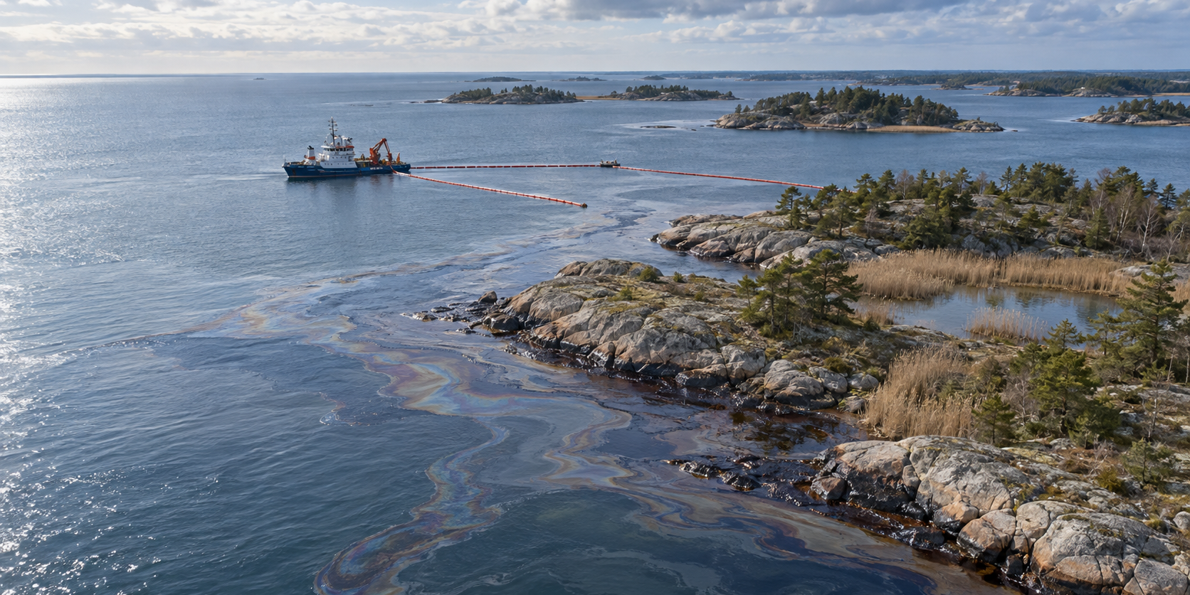 Illustration. Ship and Oil Spill.