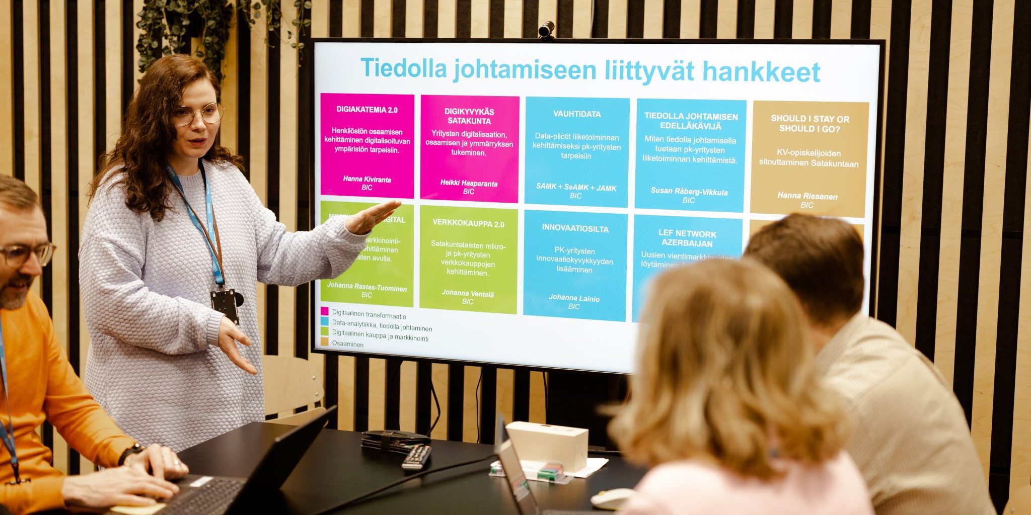 Ihmisiä pöydän ympärillä ja yksi henkilö esittelee käynnissä olevia hankkeita esityksestä. Esityksessä lukee hankkeiden nimiä.